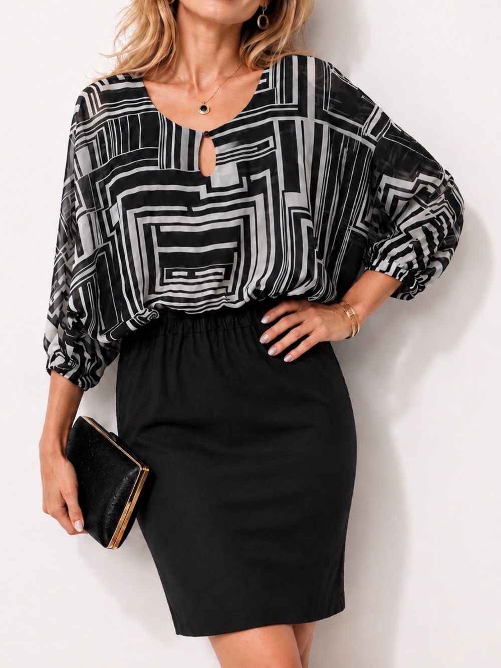 2-in-1 Black White Geometric Dress Size 4